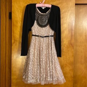 Stunning Knit Works Girls Formal Dress Pink/Black Lace + Beading Size PLUS 20.5
